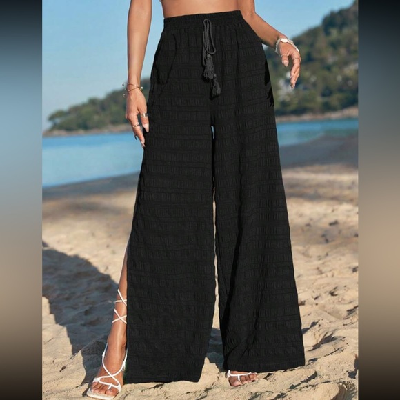 Boho Print Tassel Detail Casual Elastic Waist Pocket Wide-Leg Pants